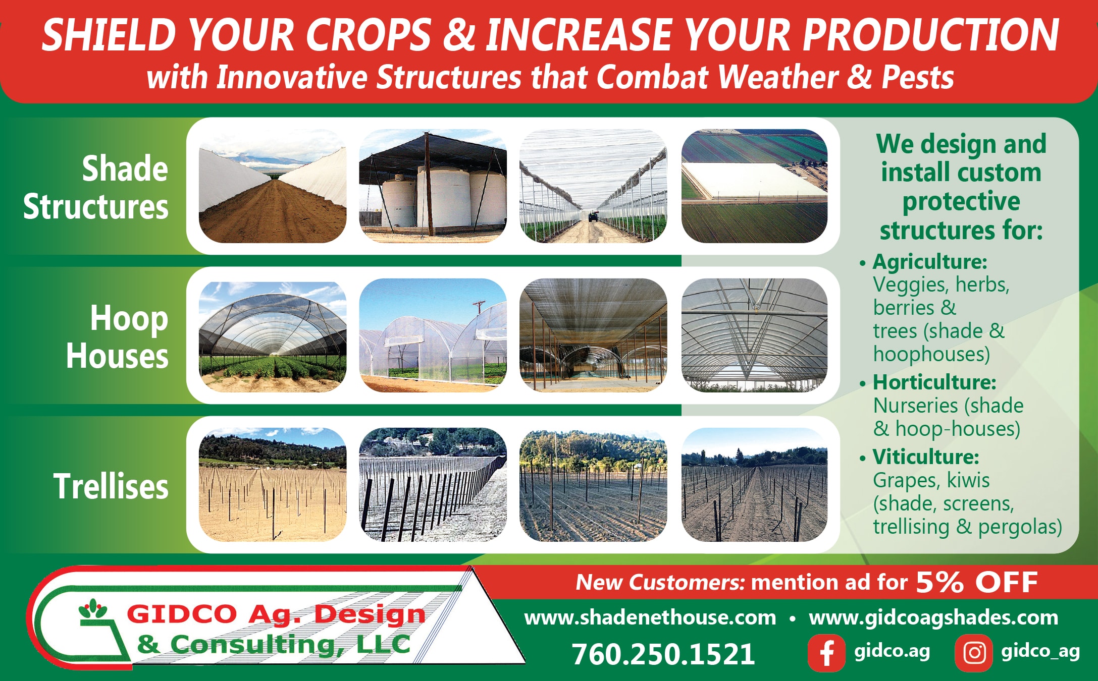 GIDCO Ag. Design & Consulting — Shield Your Crops & Increase Your Production with Innovative Structures that Combat Weather & Pests. Shade Structures, Hoop Houses, Trellises. Call 760.250.1521.