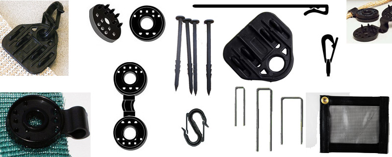 GIDCO Ag accessories — grommets, connectors, pins and hooks for shade cloth and netting installation