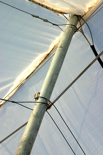 Detail - Exterior Post & Overhead Trellis Post, Retractable Shade and fixed Screen.
